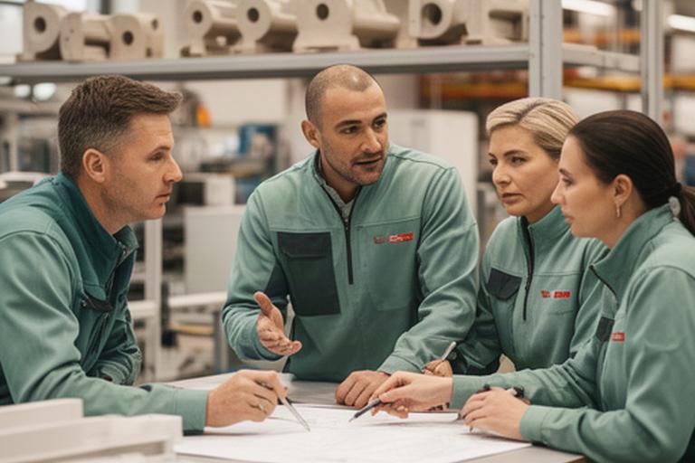 Mitarbeiter eines Bauzulieferbetriebs in Lenzburg bei der Besprechung von Produktionskennzahlen